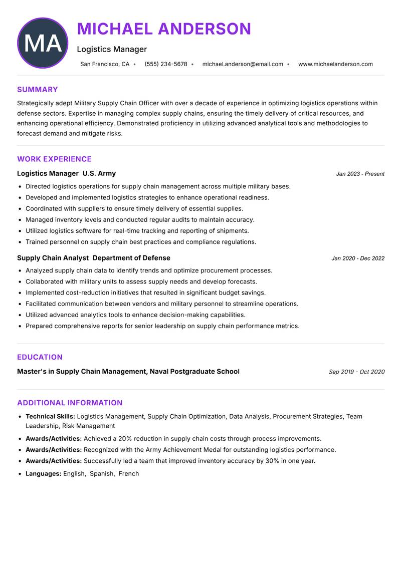 Military Supply Chain Officer resume example — ATS-friendly template