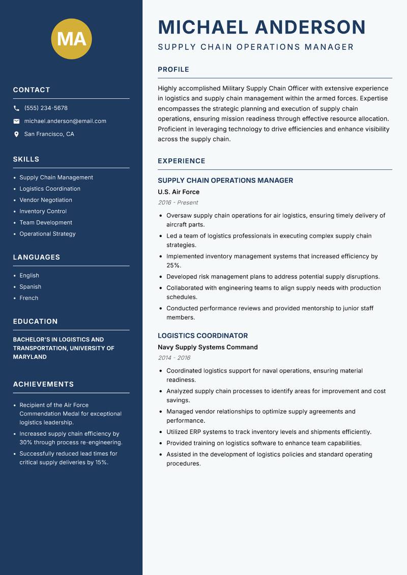 Military Supply Chain Officer resume template — Classic Clean