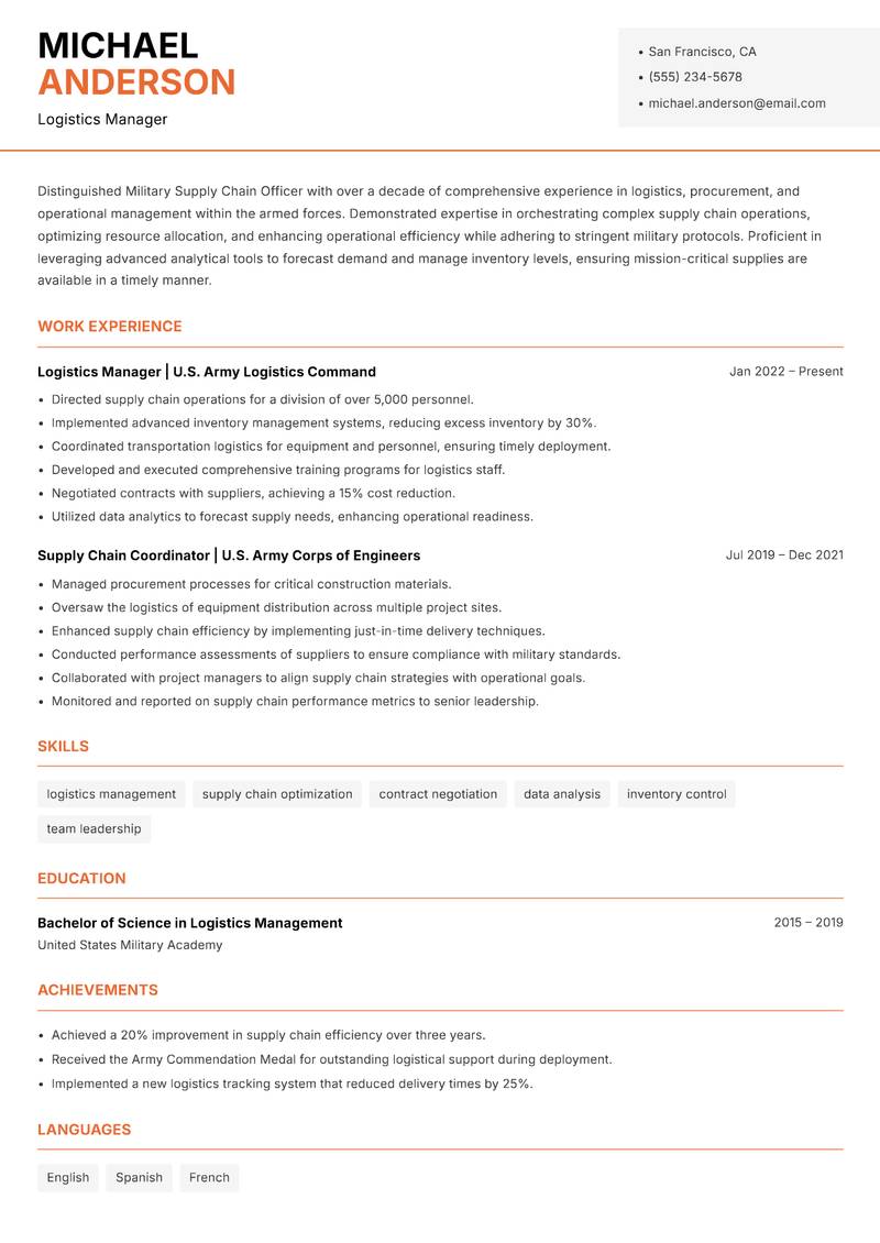 Military Supply Chain Officer resume template — Modern Professional