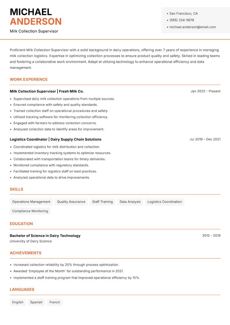 Milk Collection Supervisor resume template — Modern Professional
