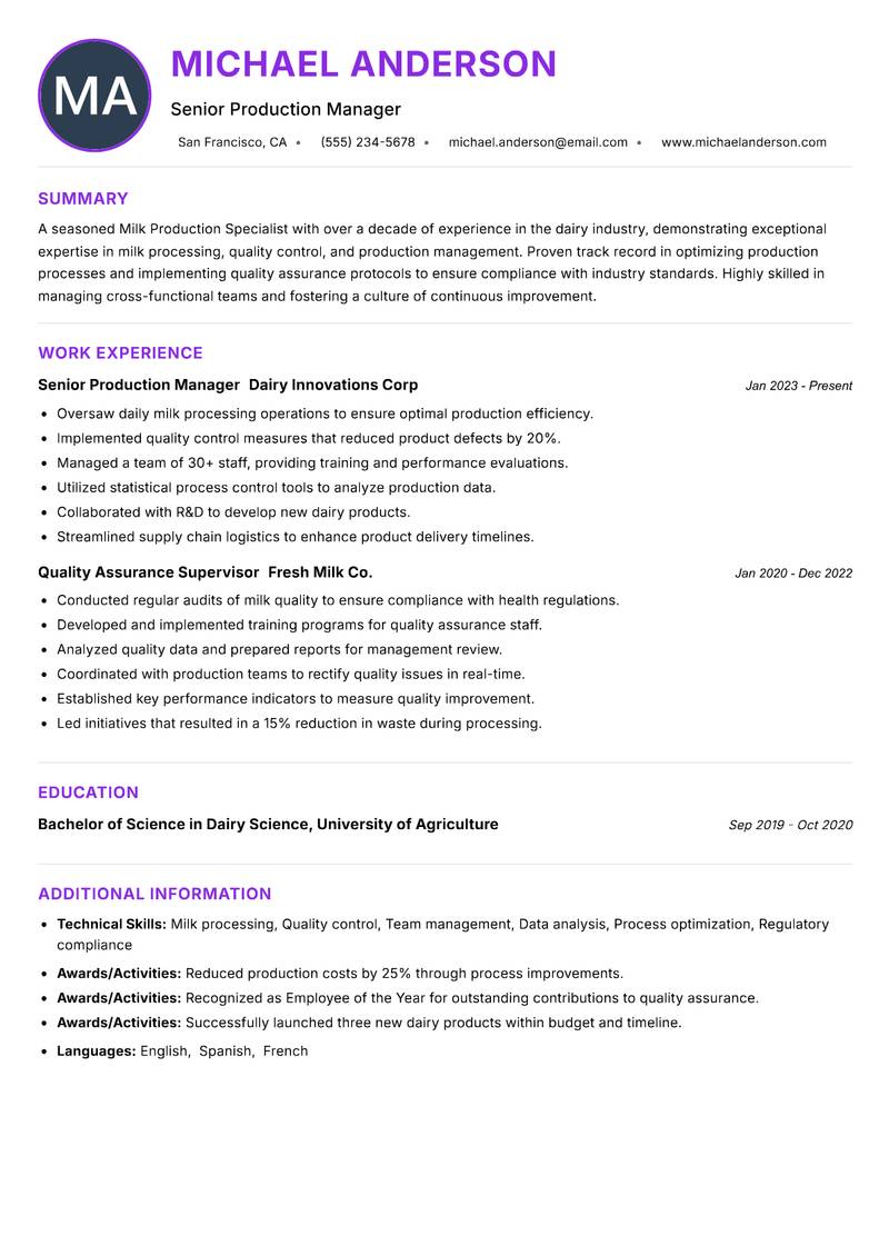 Milk Production Specialist resume example — ATS-friendly template