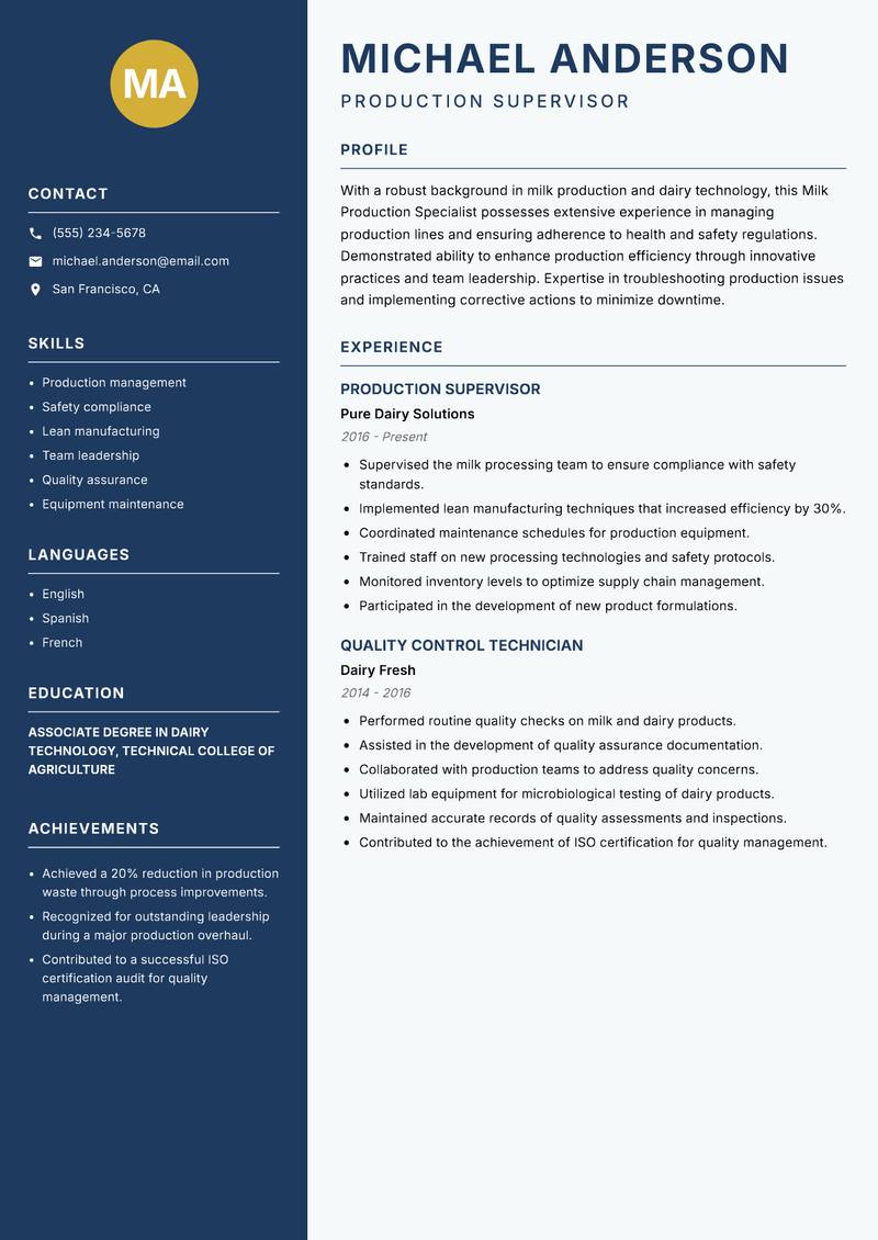 Milk Production Specialist resume template — Classic Clean