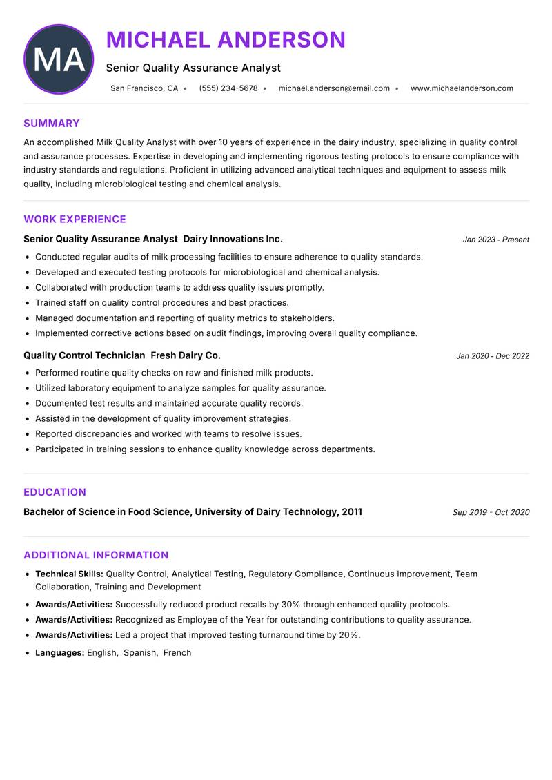 Milk Quality Analyst resume example — ATS-friendly template