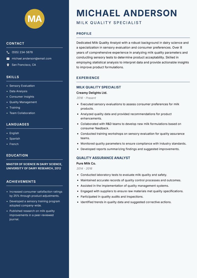 Milk Quality Analyst resume template — Classic Clean