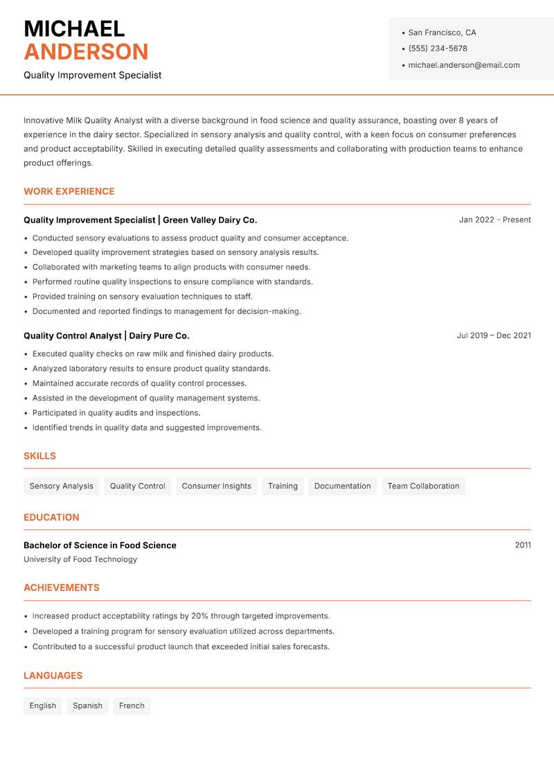 Milk Quality Analyst resume template — Modern Professional