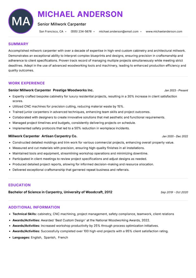 Millwork Carpenter resume example — ATS-friendly template