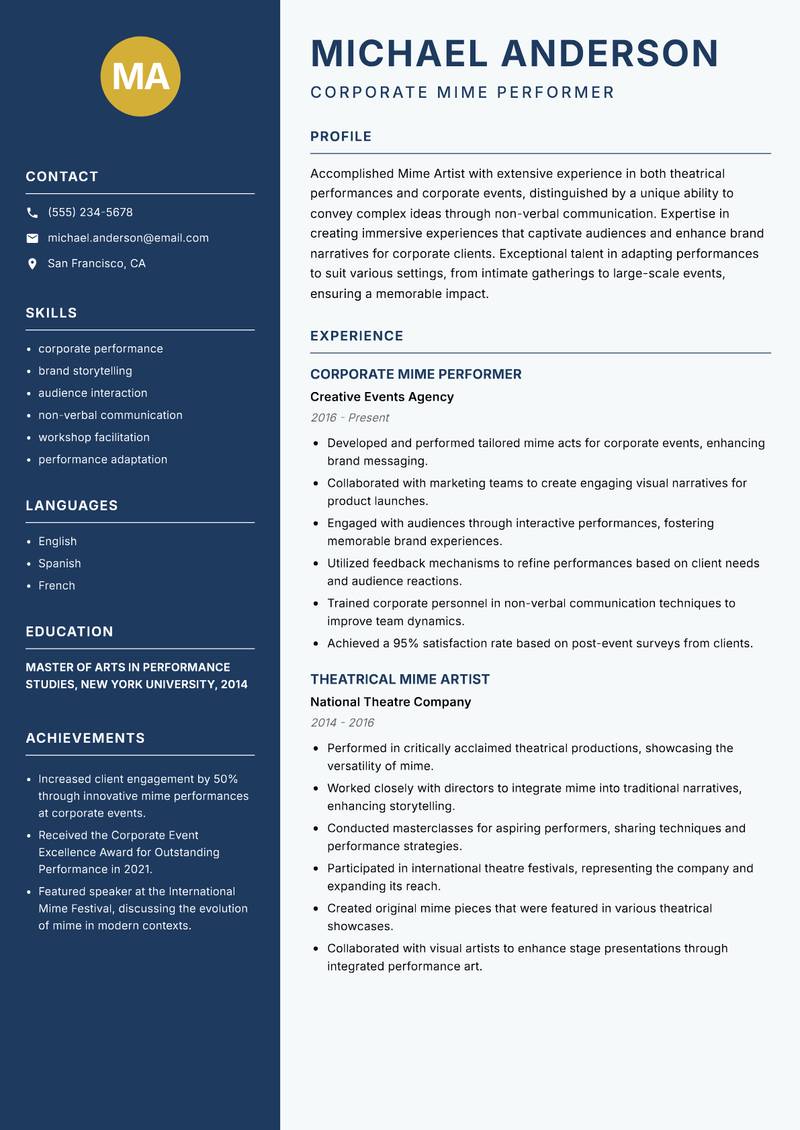 Mime Artist resume template — Classic Clean