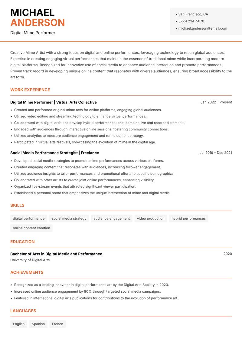 Mime Artist resume template — Modern Professional