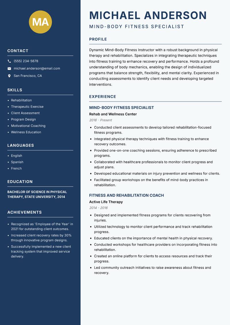 Mind-Body Fitness Instructor resume template — Classic Clean