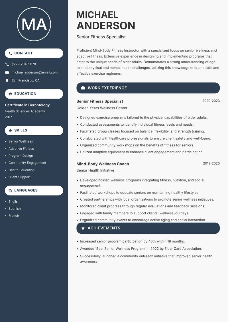 Mind-Body Fitness Instructor resume template — Compact