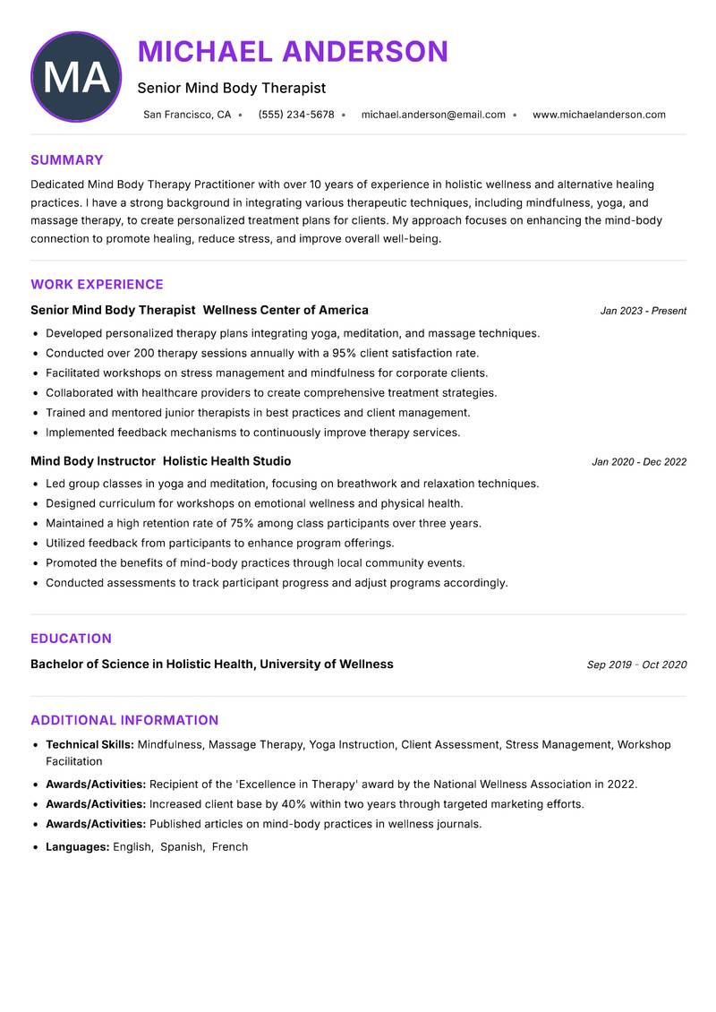 Mind Body Therapy Practitioner resume example — ATS-friendly template