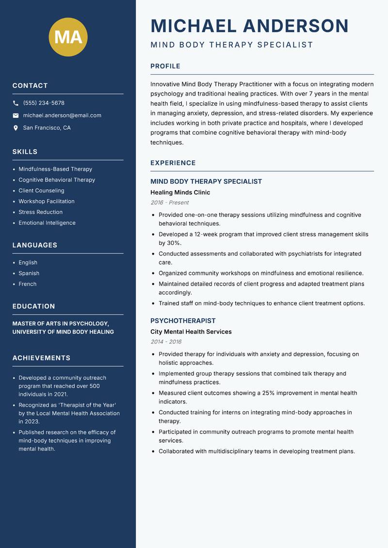 Mind Body Therapy Practitioner resume template — Classic Clean