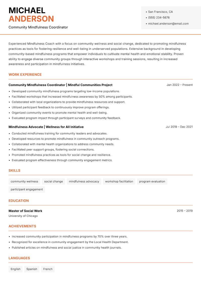 Mindfulness Coach resume template — Modern Professional