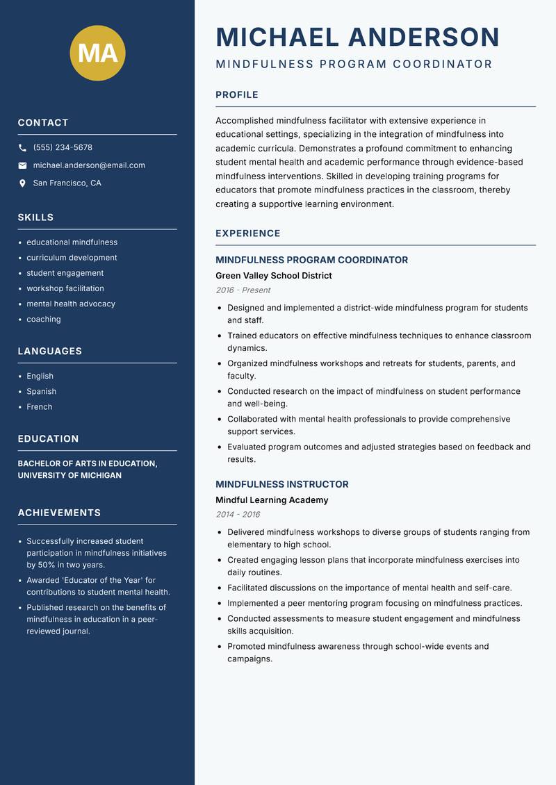 Mindfulness Facilitator resume template — Classic Clean