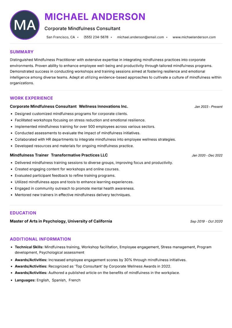 Mindfulness Practitioner resume example — ATS-friendly template