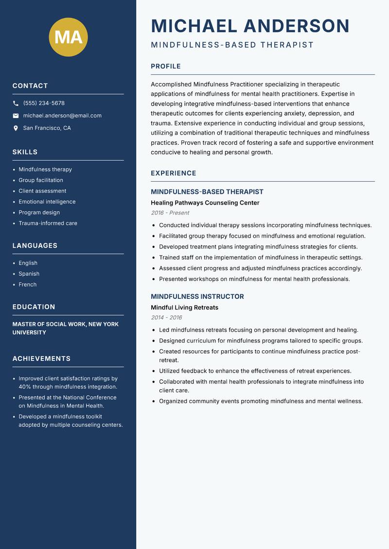 Mindfulness Practitioner resume template — Classic Clean
