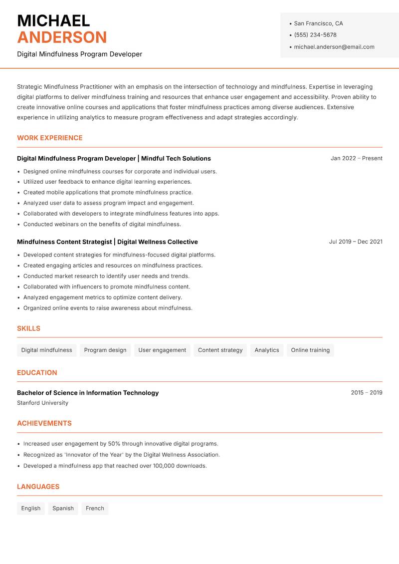 Mindfulness Practitioner resume template — Modern Professional