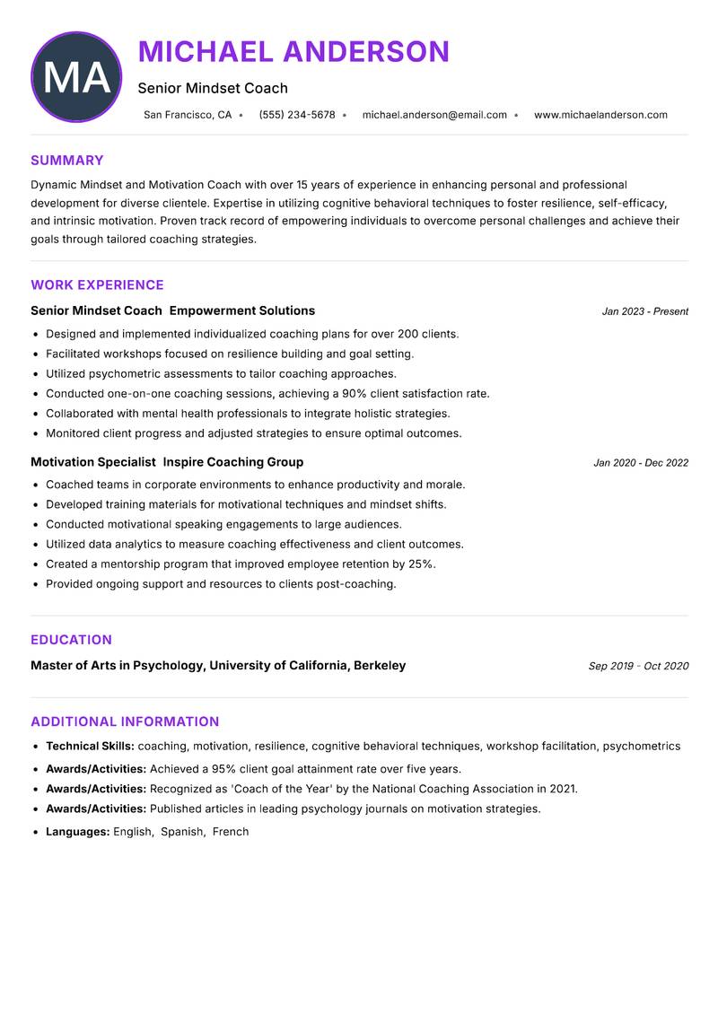 Mindset and Motivation Coach resume example — ATS-friendly template