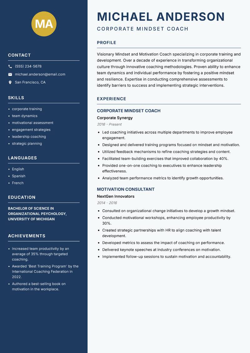Mindset and Motivation Coach resume template — Classic Clean