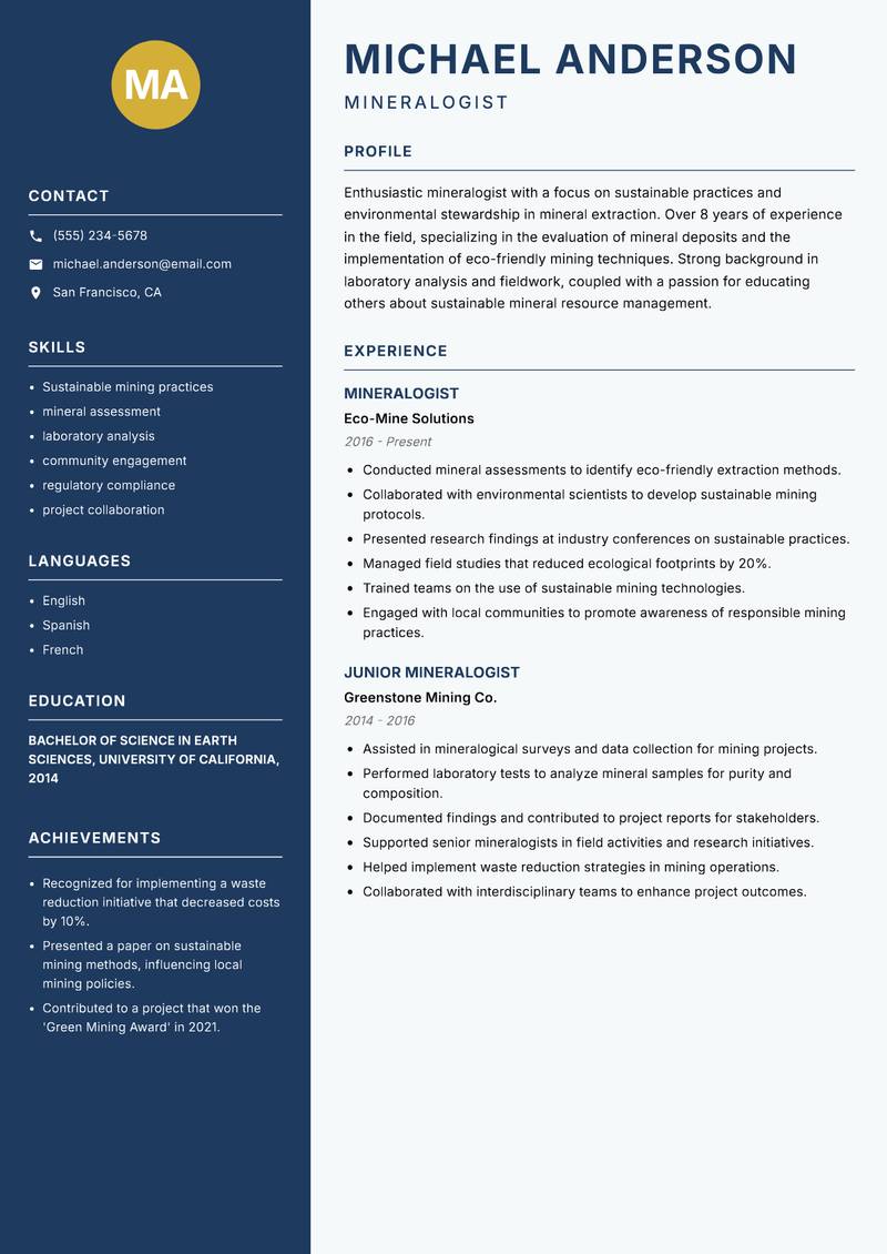 Mineralogist resume template — Classic Clean