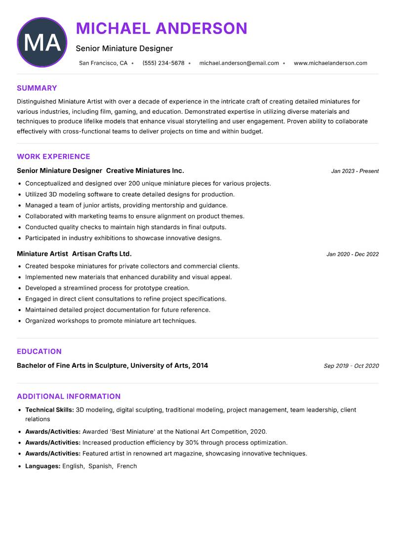 Miniature Artist resume example — ATS-friendly template