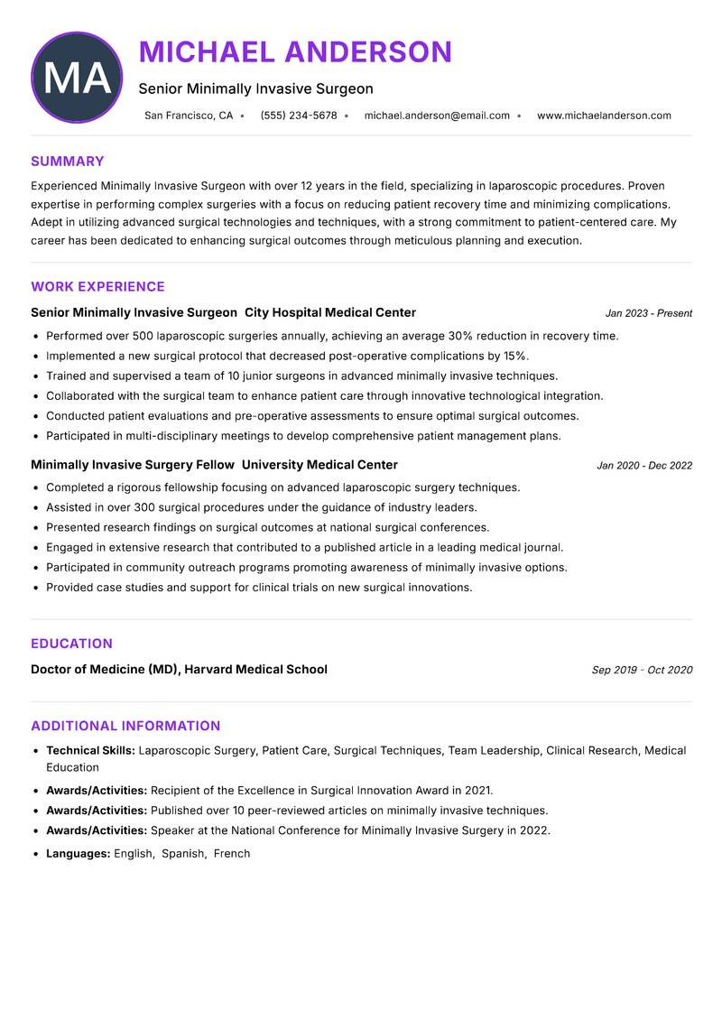 Minimally Invasive Surgeon resume example — ATS-friendly template