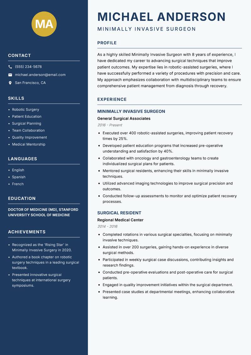 Minimally Invasive Surgeon resume template — Classic Clean
