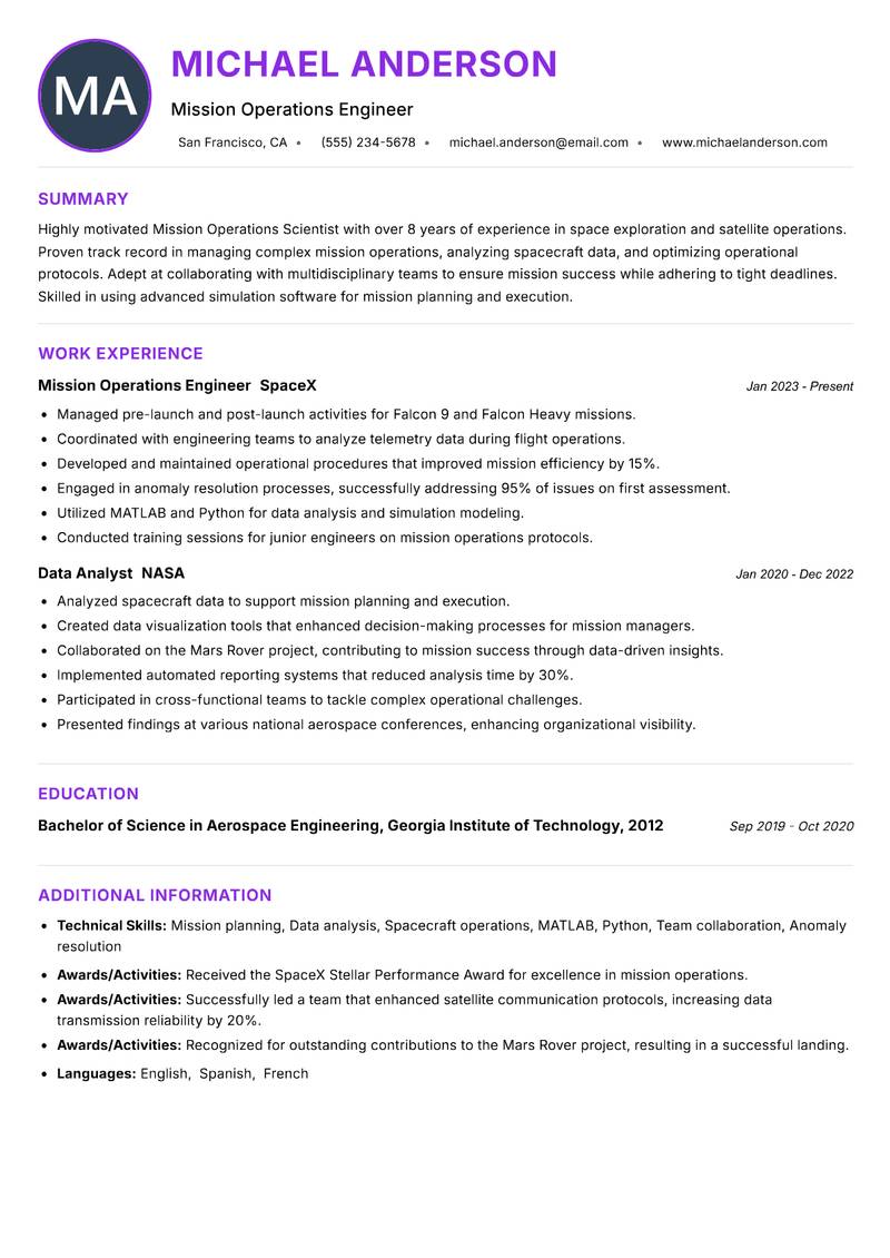 Mission Operations Scientist resume example — ATS-friendly template