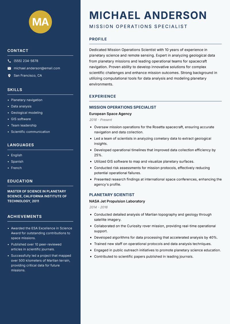 Mission Operations Scientist resume template — Classic Clean