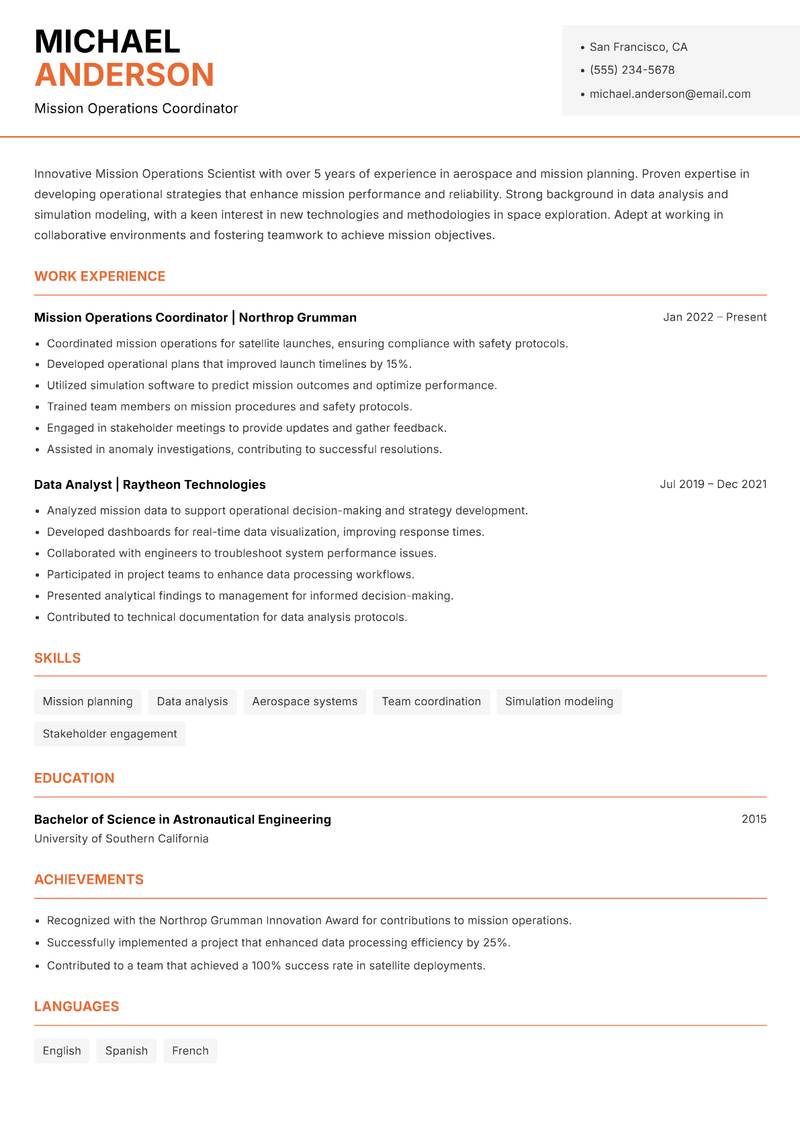 Mission Operations Scientist resume template — Modern Professional