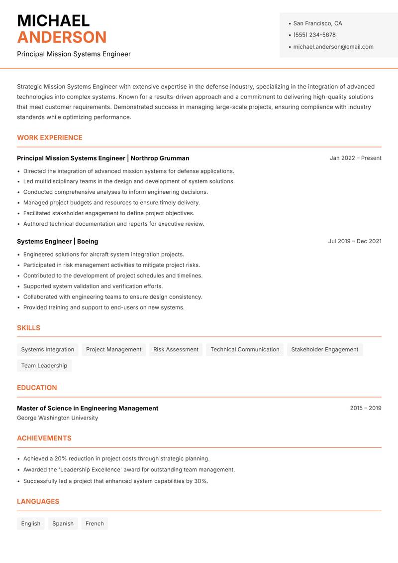 Mission Systems Engineer resume template — Modern Professional