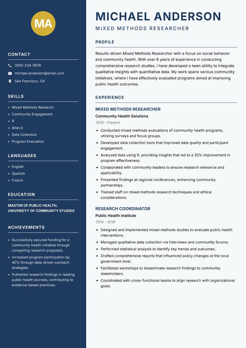 Mixed Methods Researcher resume template — Classic Clean
