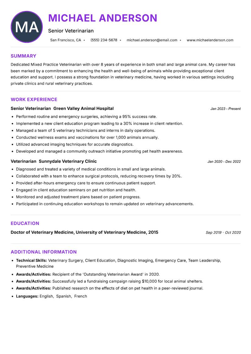 Mixed Practice Veterinarian resume example — ATS-friendly template
