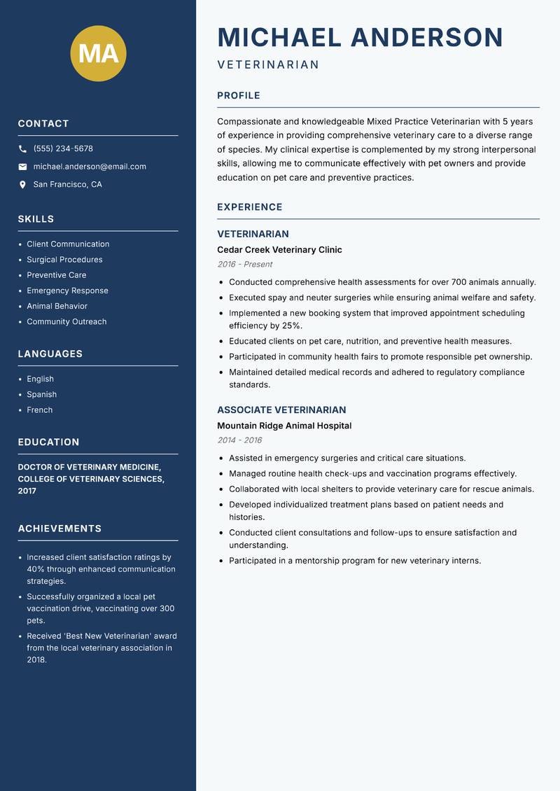 Mixed Practice Veterinarian resume template — Classic Clean