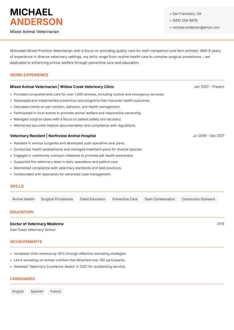 Mixed Practice Veterinarian resume template — Modern Professional