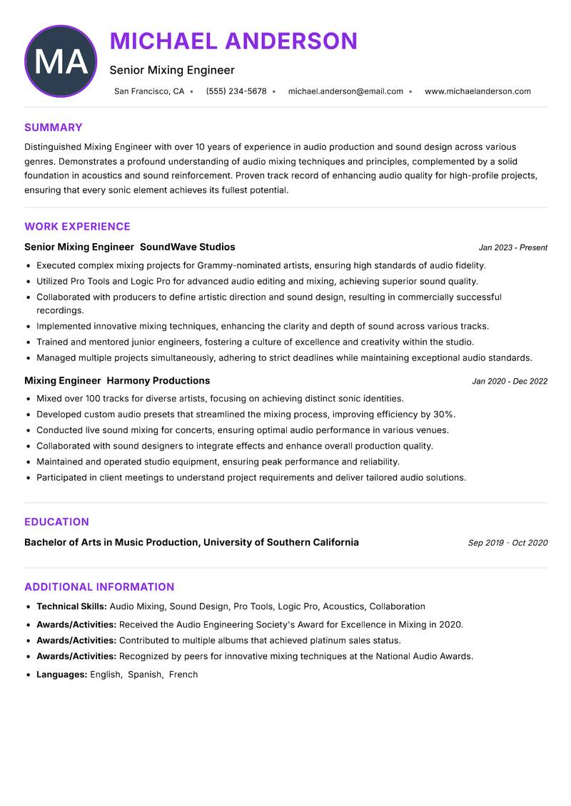 Mixing Engineer resume example — ATS-friendly template