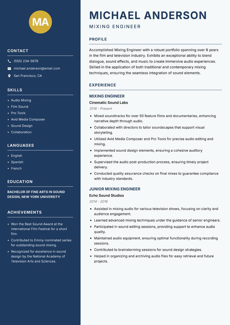 Mixing Engineer resume template — Classic Clean