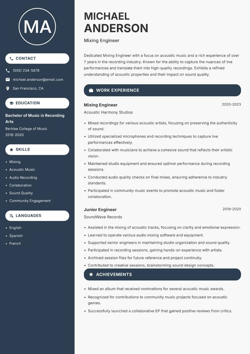 Mixing Engineer resume template — Compact