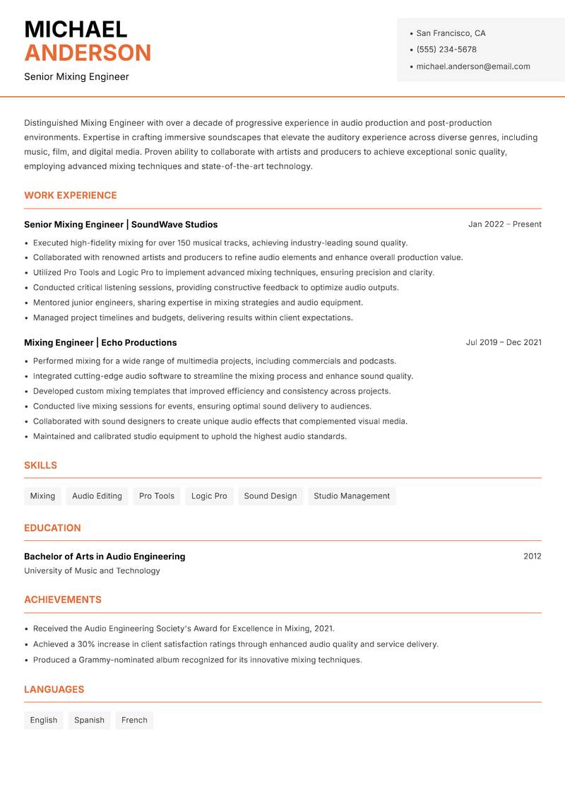 Mixing Engineer resume template — Modern Professional