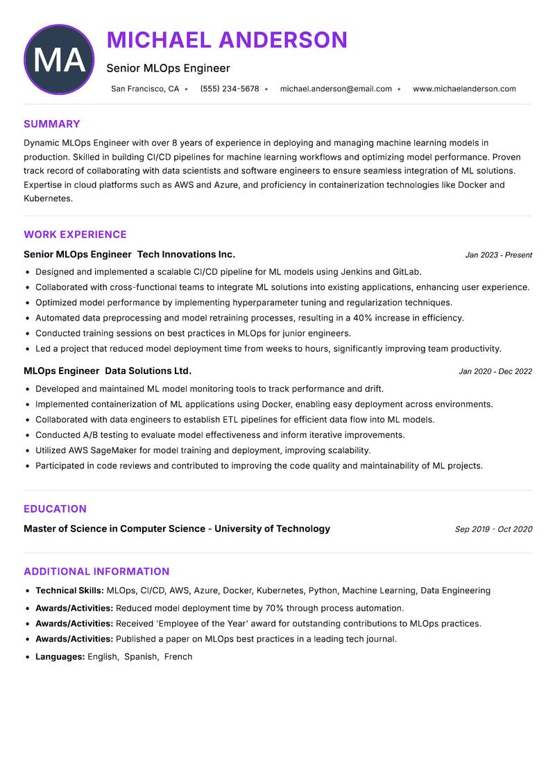 MLOps Engineer resume example — ATS-friendly template