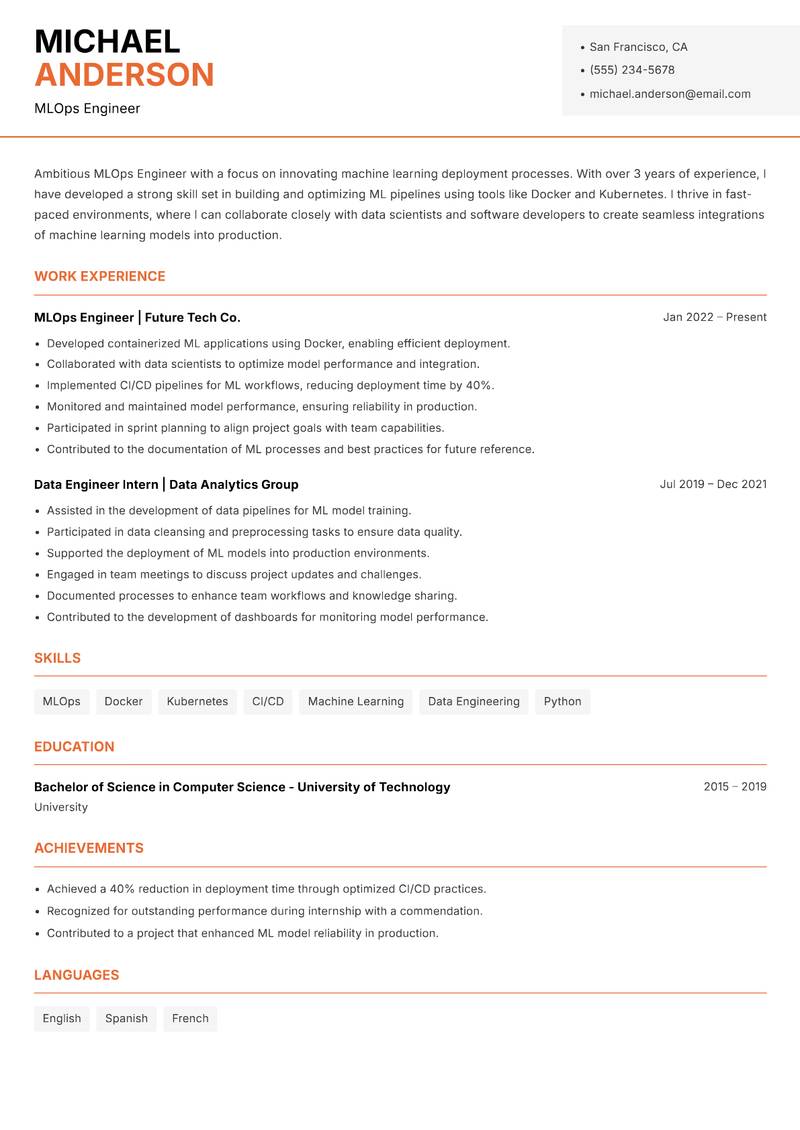 MLOps Engineer resume template — Modern Professional