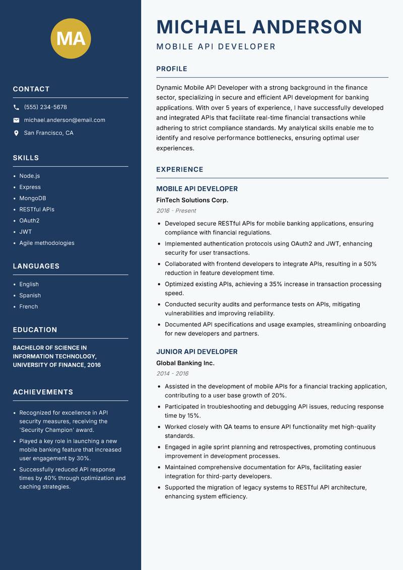Mobile API Developer resume template — Classic Clean