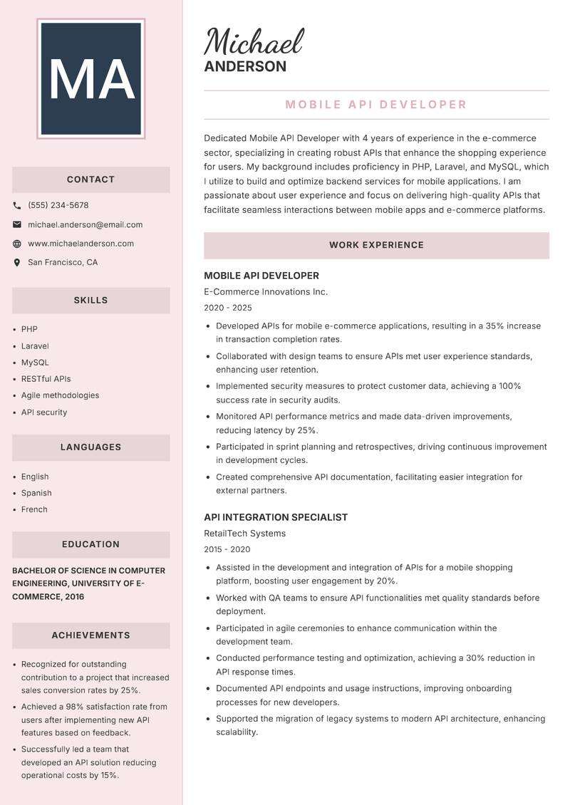 Mobile API Developer resume template — Executive