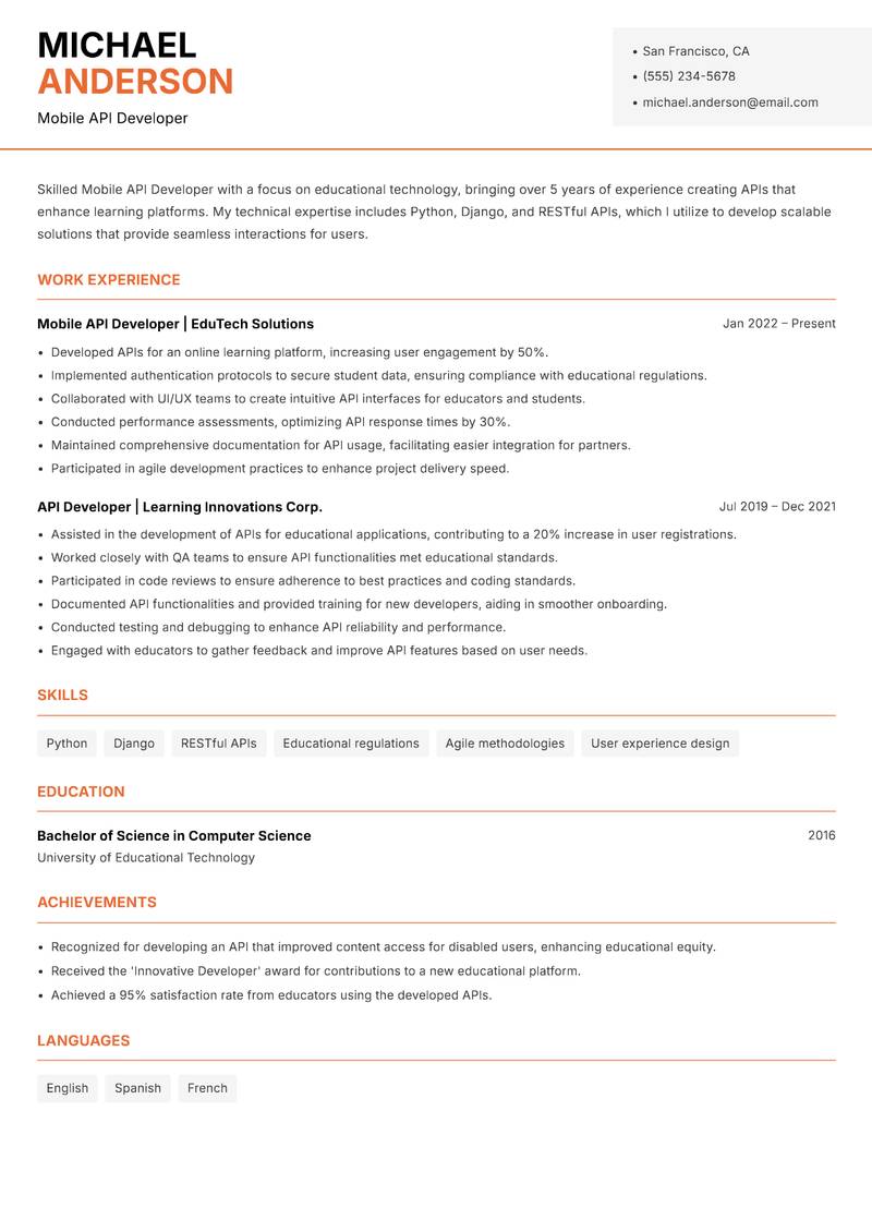 Mobile API Developer resume template — Modern Professional