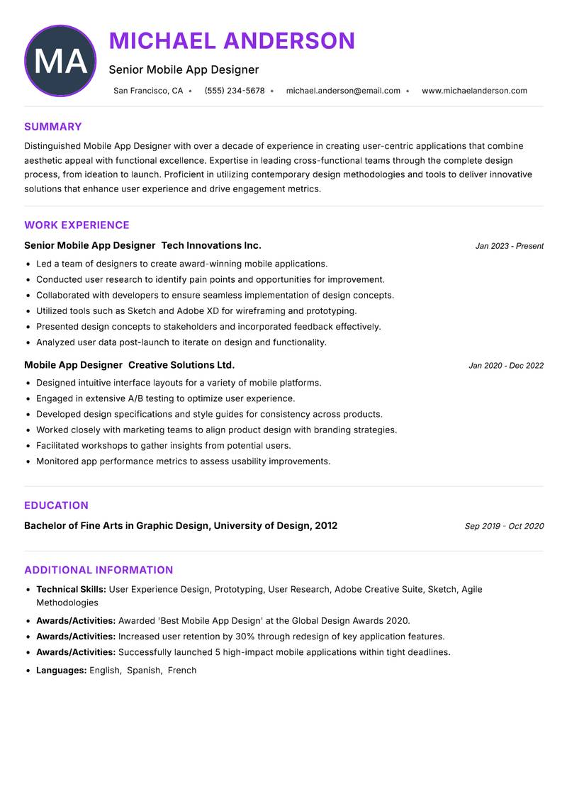 Mobile App Designer resume example — ATS-friendly template