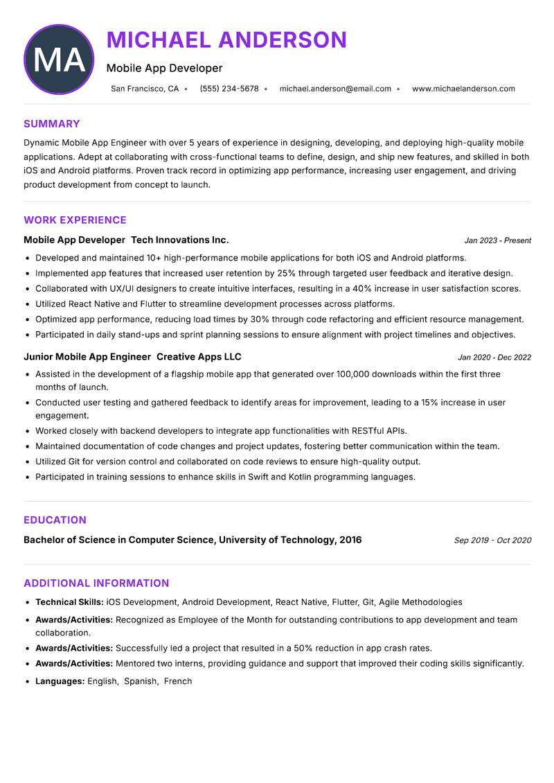 Mobile App Engineer resume example — ATS-friendly template