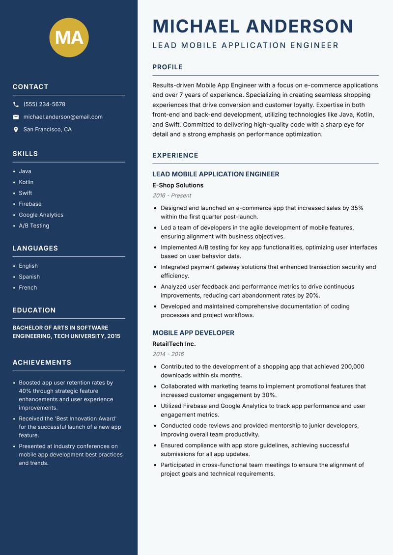 Mobile App Engineer resume template — Classic Clean