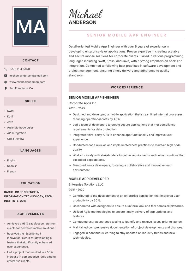 Mobile App Engineer resume template — Executive