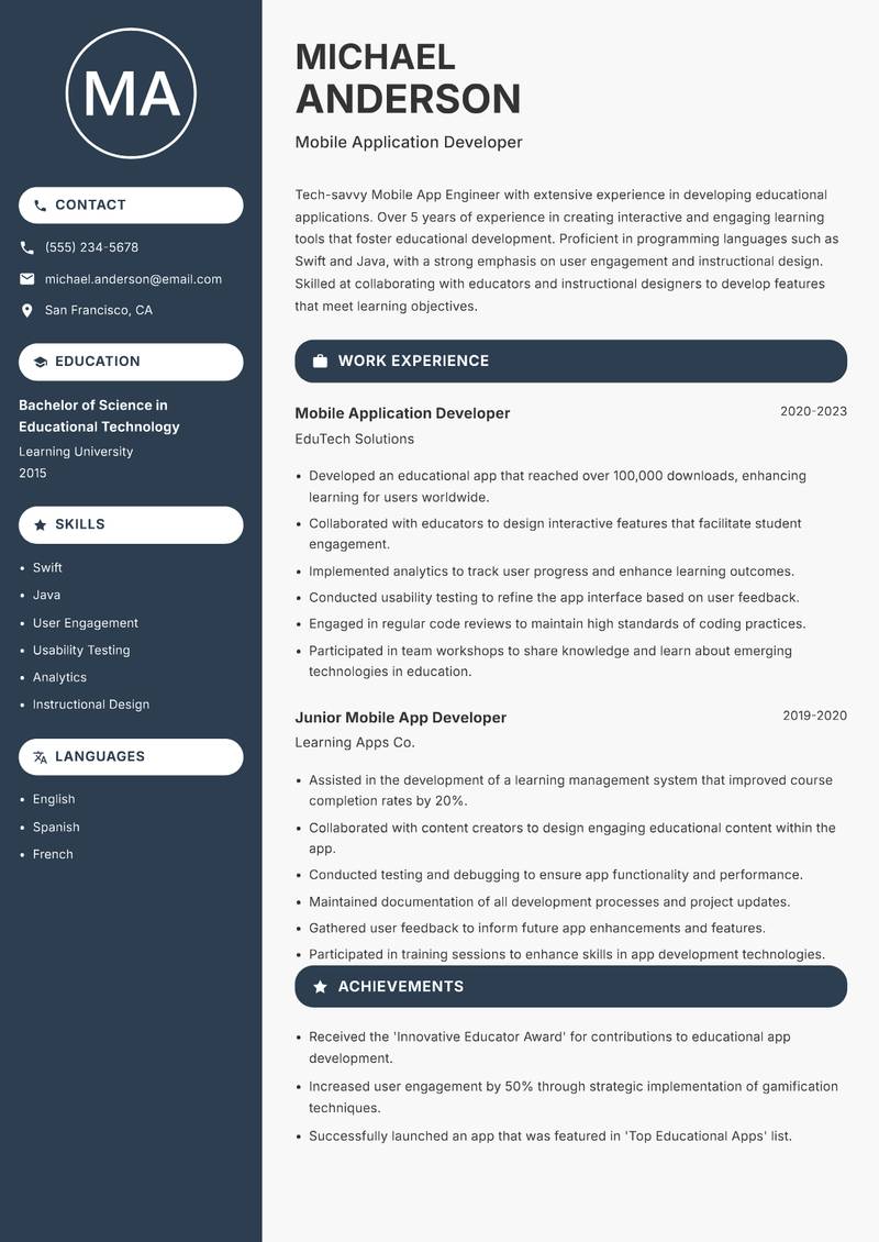Mobile App Engineer resume template — Compact