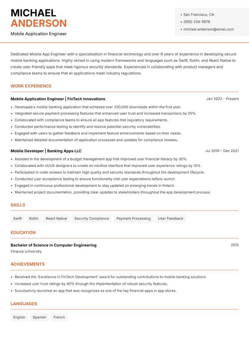 Mobile App Engineer resume template — Modern Professional